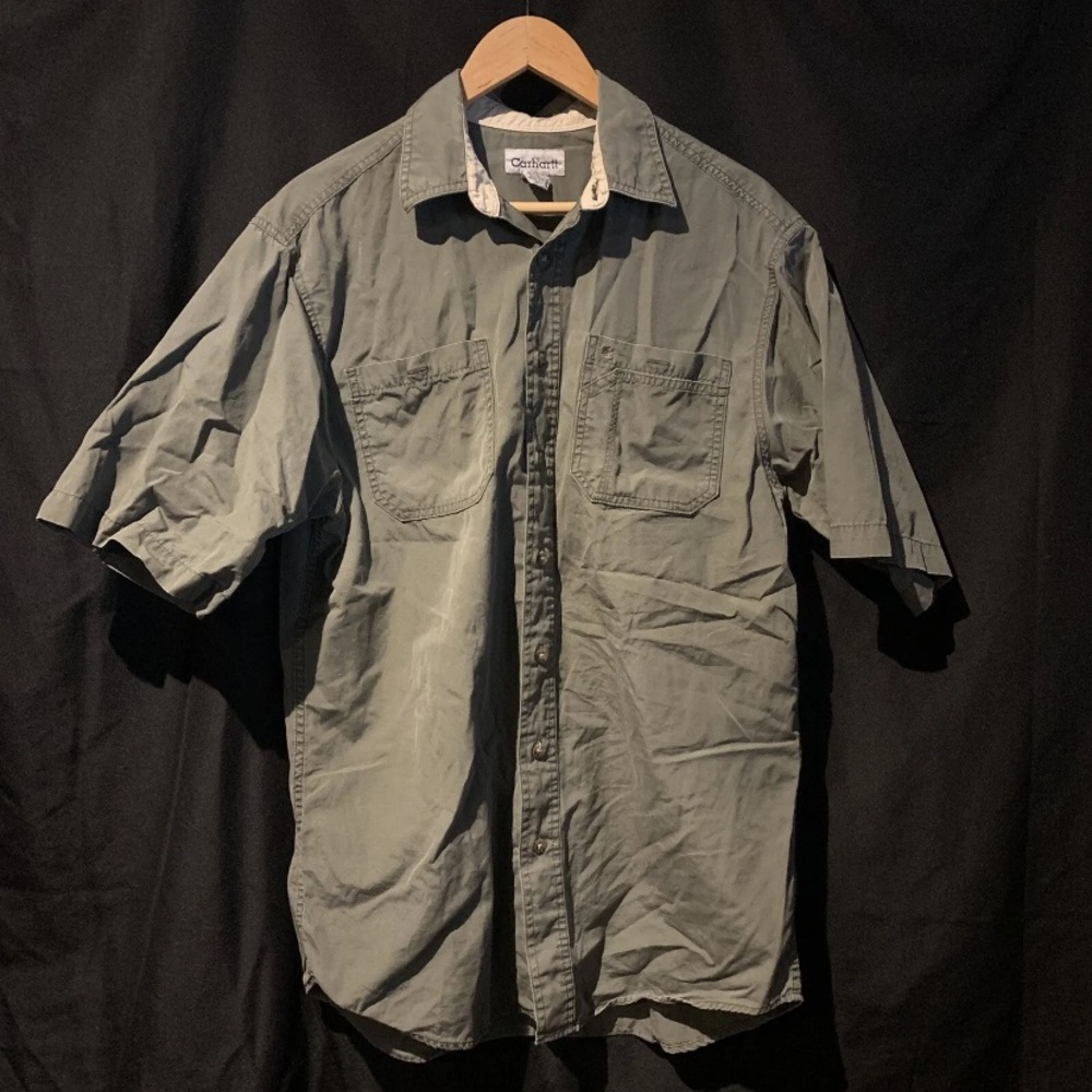 Vintage Carhartt Button Up Short Sleeve Work Shirt Men's Sz L Tall Green Used
